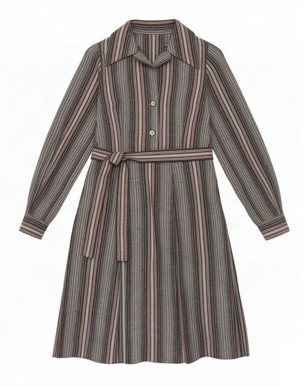 Vintage Dame Langærmet Maxi Kjole UK 12 Medium Grå Stribet