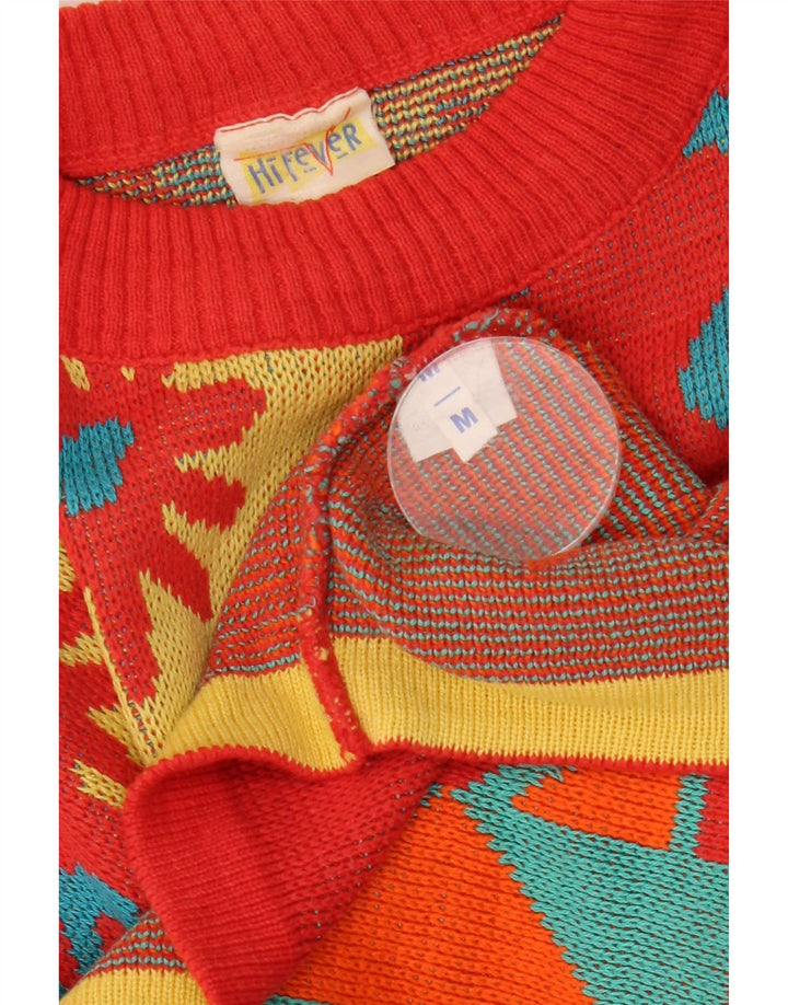 Vintage dame sweater med rund hals DK 14 Medium rød geometrisk