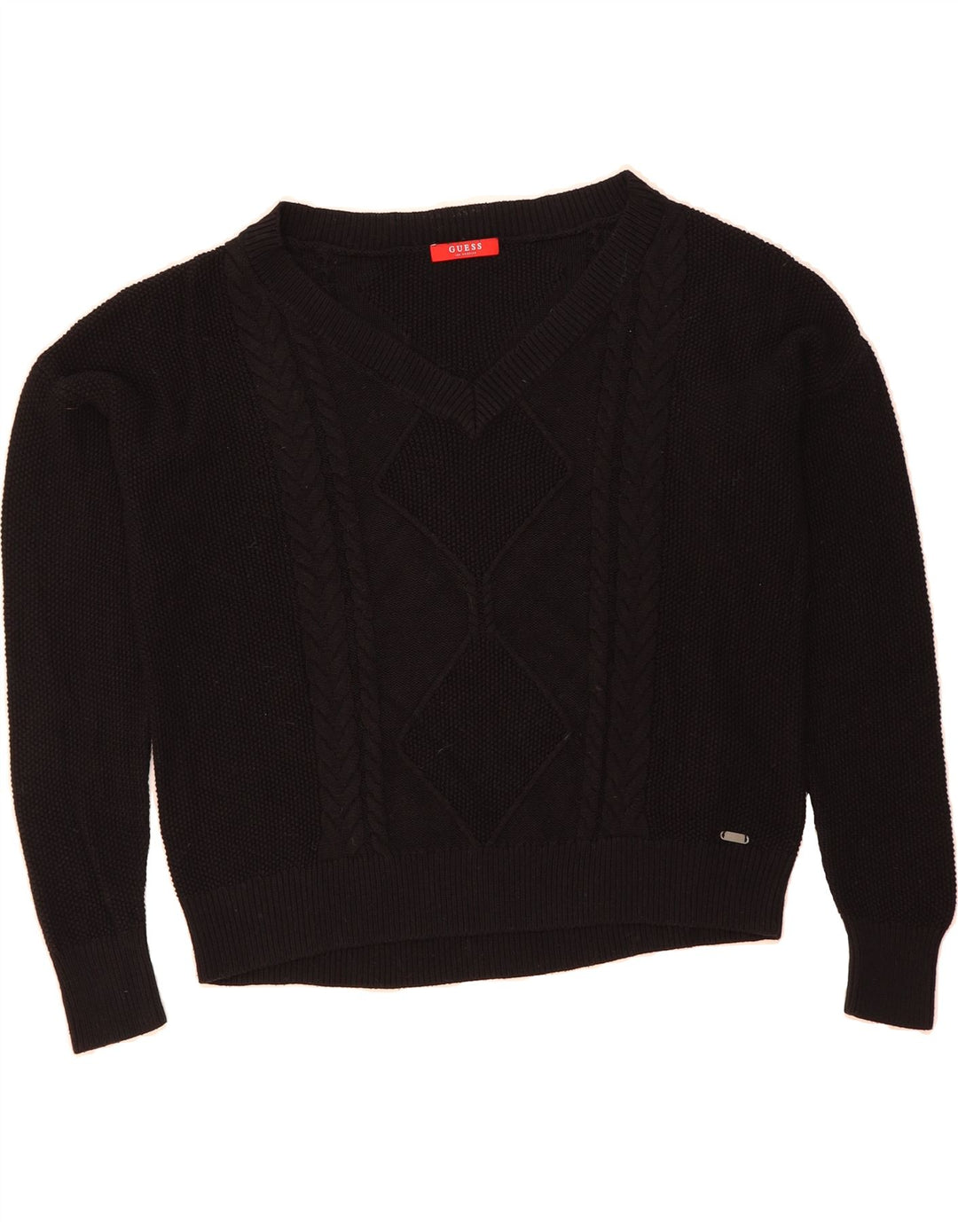 GUESS Womens V-Neck Jumper Sweater UK 14 Medium Black Cotton Vintage Guess and Second-Hand Guess from Messina Hembry 