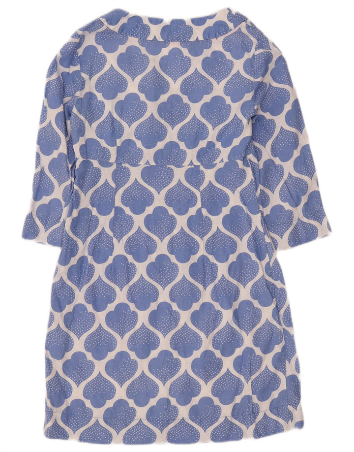 Boden Dame Abstrakt Mønster 3/4 Ærmet A-Line Kjole UK 8 Small Blue Linen