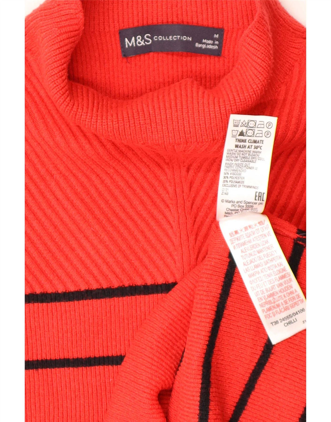Marks & Spencer Dame Turtle Neck Jumper Sweater UK 14 Mellem rød stribet