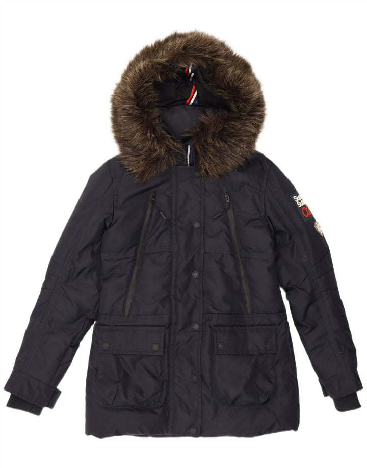 Superdry grafisk polstret hættejakke til kvinder UK 12 Medium marineblå nylon