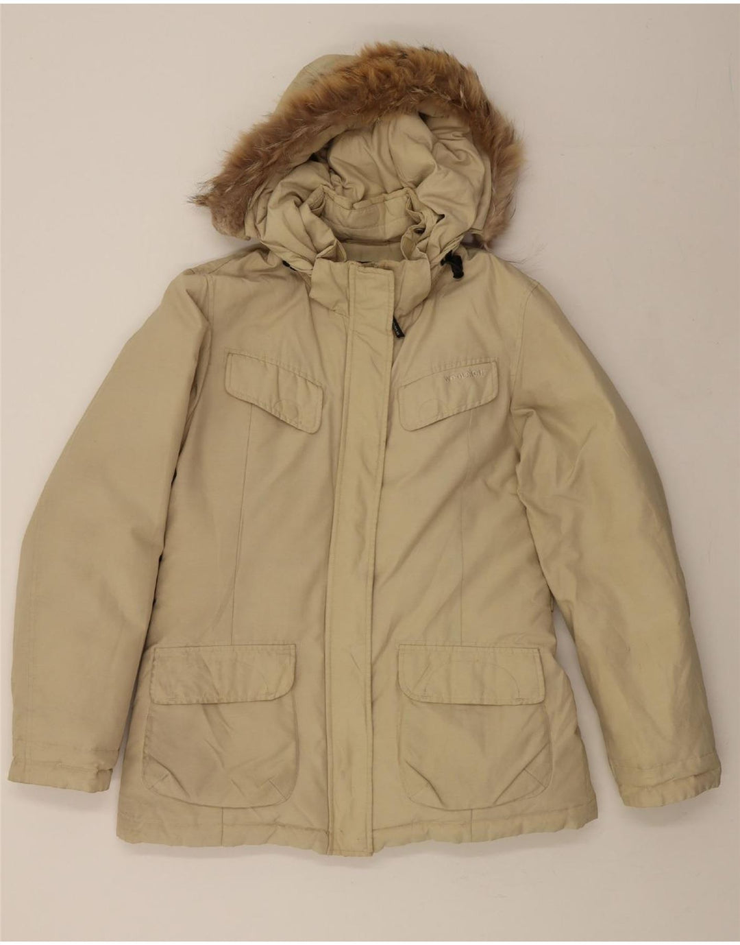 WOOLRICH Womens Hooded Padded Jacket UK 16 Large Beige Vintage Woolrich and Second-Hand Woolrich from Messina Hembry 