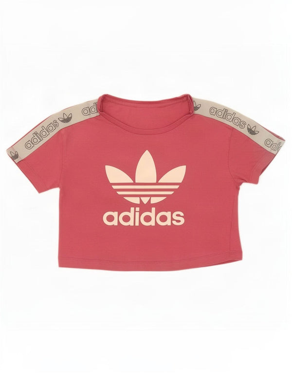 Adidas Dame Crop Grafisk T-Shirt Top UK 8 Small Pink Colourblock Bomuld