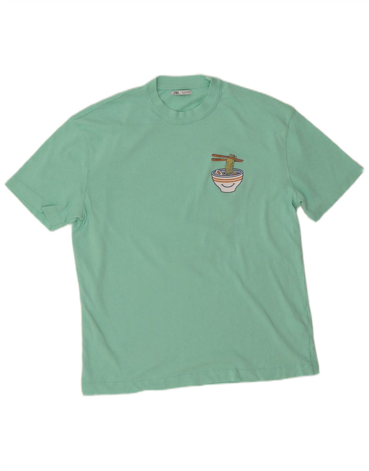 Zara Herre Grafisk T-Shirt Top Medium Grøn Bomuld