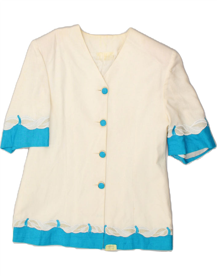 VINTAGE Womens 4 Button Short Sleeve Blazer Jacket UK 14 Medium White Vintage Vintage and Second-Hand Vintage from Messina Hembry 