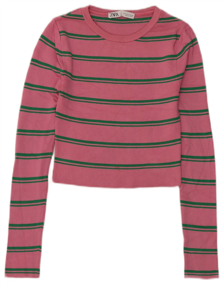 Zara Womens Crop Top Langærmet UK 8 Small Pink Stribet Polyamid