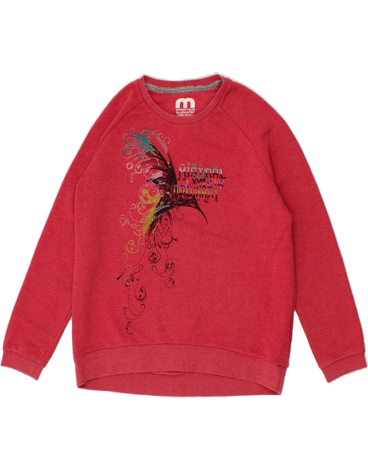 MISTRAL Womens Graphic Sweatshirt Jumper UK 14 Medium Red Polyester Vintage Mistral and Second-Hand Mistral from Messina Hembry 