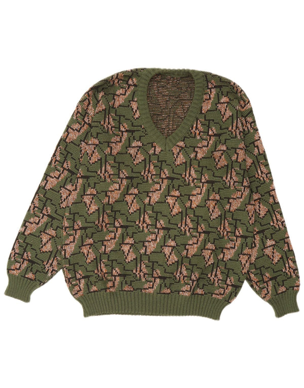 Vintage Herre V-hals sweater IT 52 Stor Grøn Geometrisk