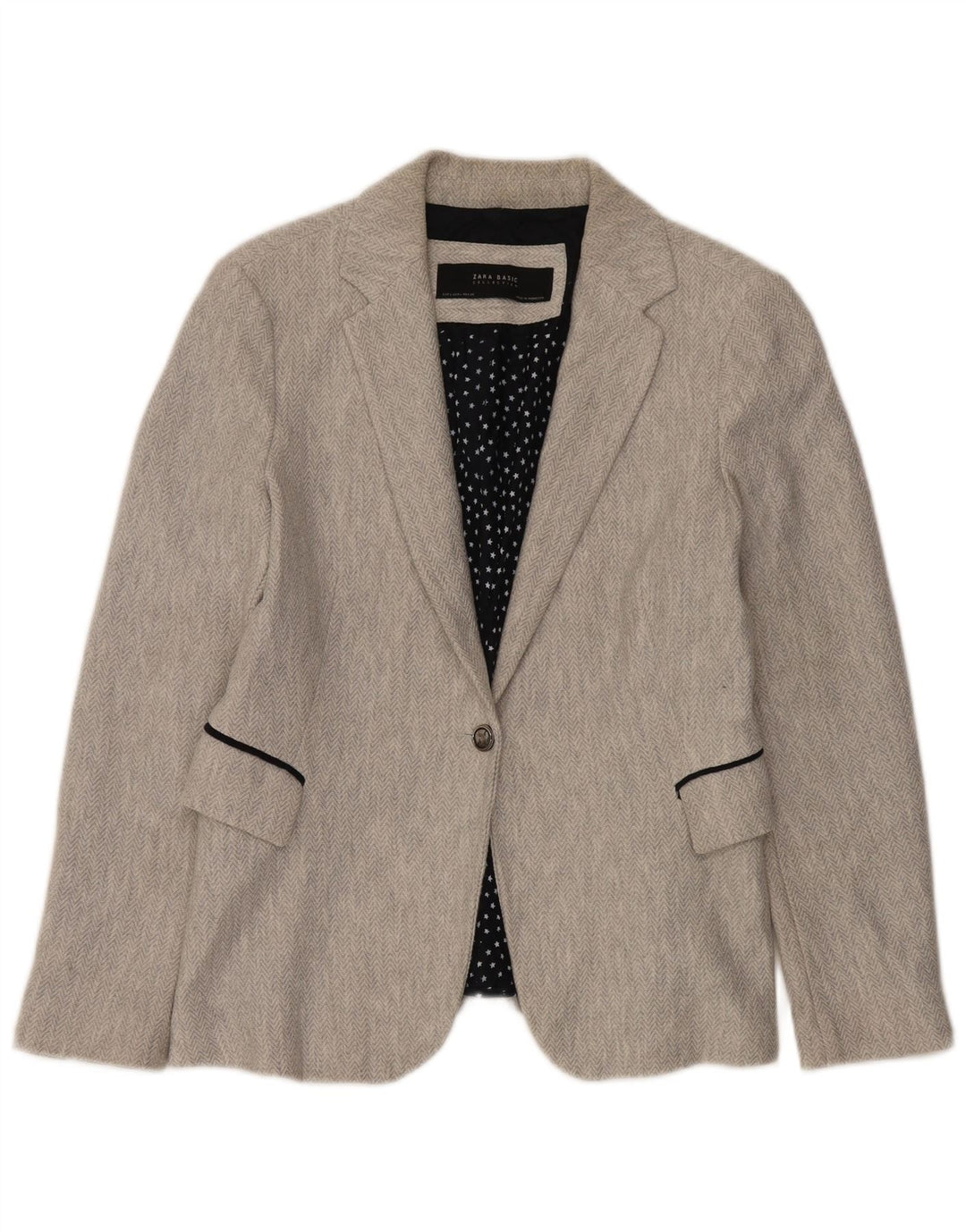 Zara Dame 1 Knap Blazer Jacket UK 16 Large Grey Herringbone