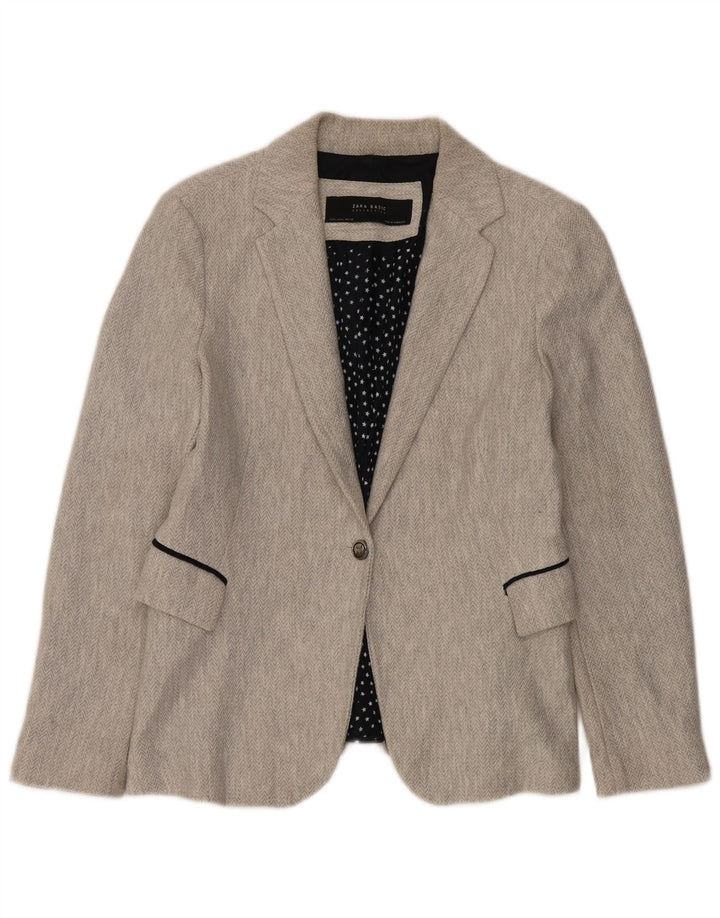 Zara Dame 1 Knap Blazer Jacket UK 16 Large Grey Herringbone