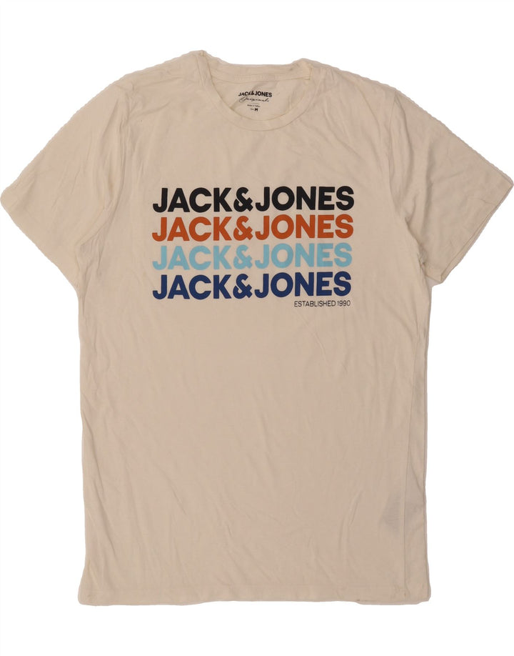 JACK & JONES Mens Graphic T-Shirt Top Medium Off White Cotton Vintage Jack & Jones and Second-Hand Jack & Jones from Messina Hembry 