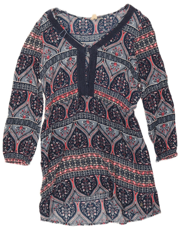 Roxy Dame 3/4 ærmet Tunika Kjole UK 6 XS Navy Blue Floral Viscose