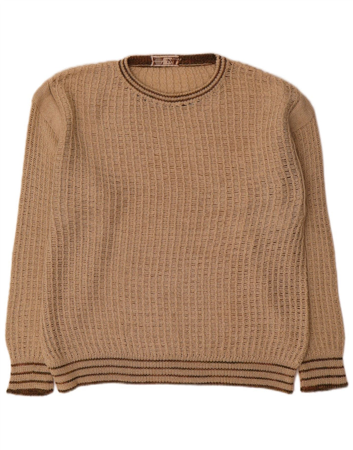 Vintage Herre Boat Neck Jumper Sweater Medium Beige Stribet