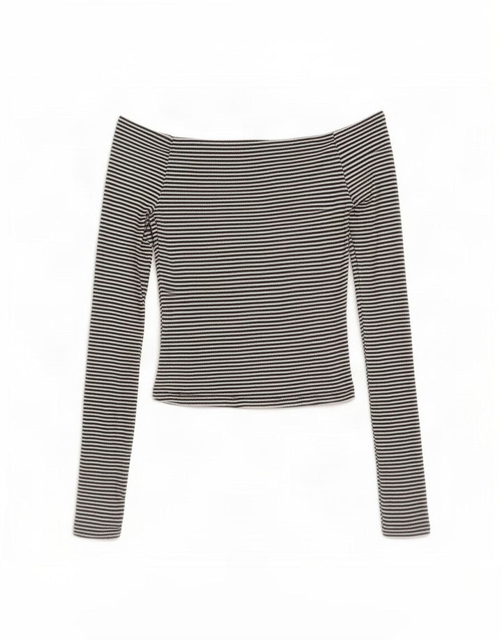 Zara Dame Langærmet Off Shoulder Top UK 8 Lille sort stribet polyester