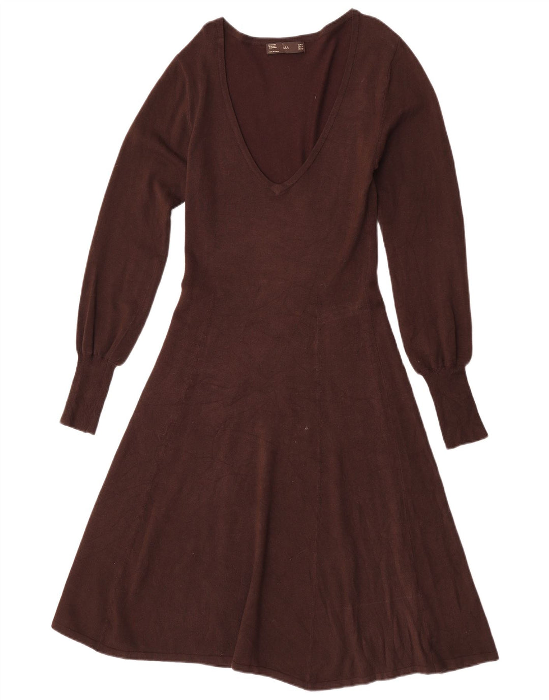 Zara Dame Langærmet A-Line Kjole UK 12 Medium Brown Rayon