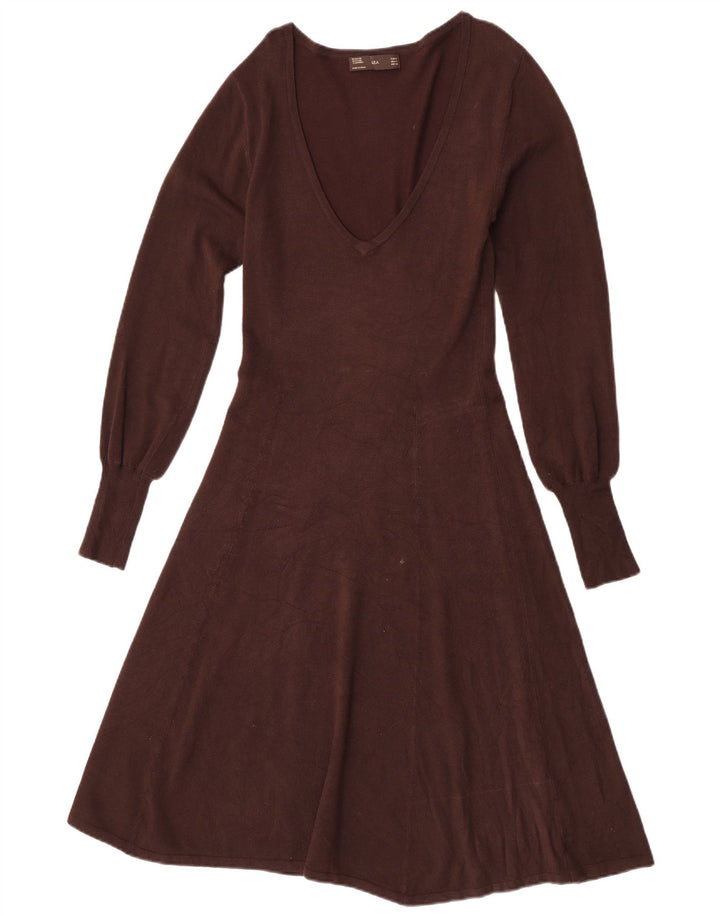 Zara Dame Langærmet A-Line Kjole UK 12 Medium Brown Rayon