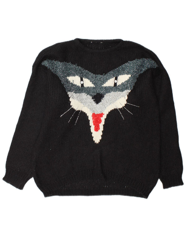Vintage kvinders grafisk rund hals sweater UK 18 XL sort mohair