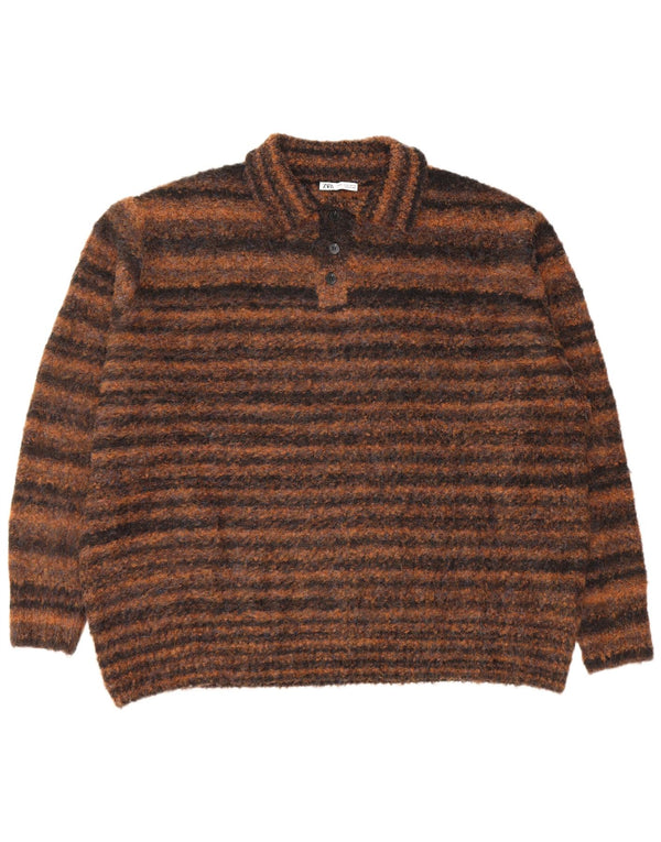 Zara Herre Loose Fit Polo Neck Jumper Sweater XL Brun Nålestribet Polyester
