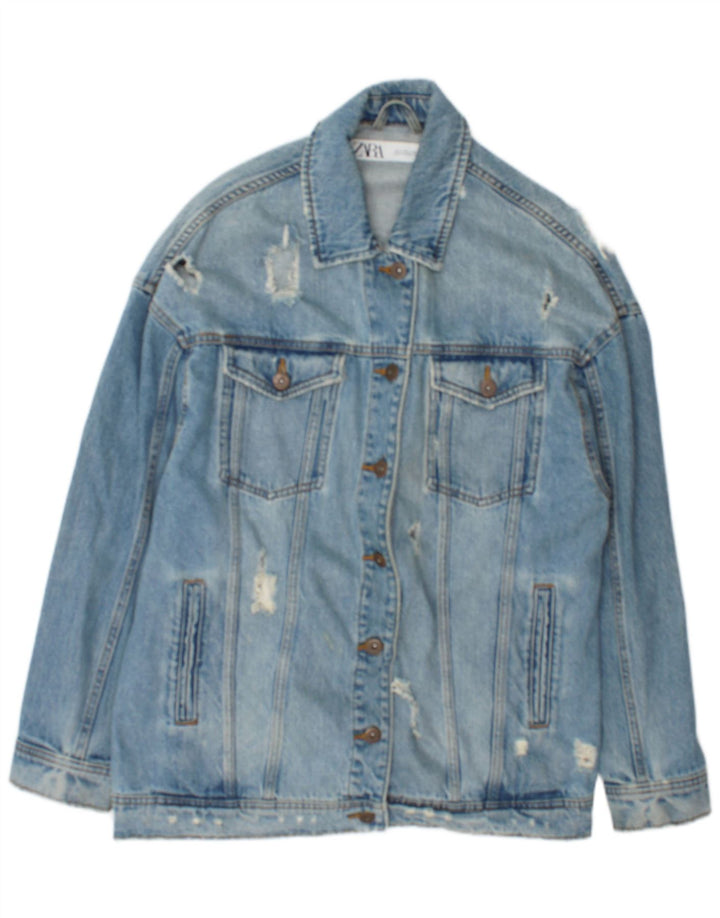 Zara Dame Distressed Denim Jacket UK 14 Medium Blue