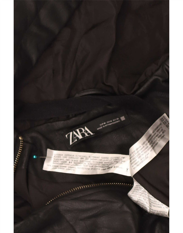 Zara Dame imiteret læderjakke UK 14 Medium Sort Polyester