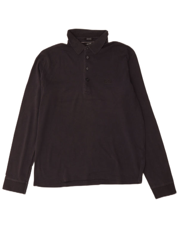 Hugo Boss Mens Long Sleeve Regular Fit Polo Shirt Medium Black Cotton