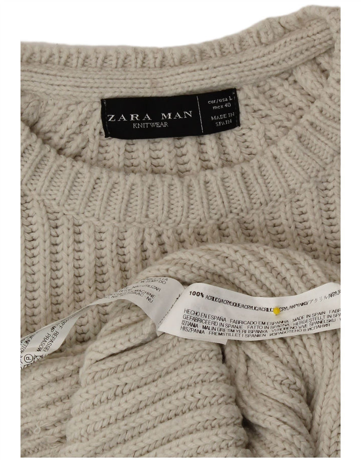 Zara Herre Crew Neck Jumper Sweater Stor Grå Akryl