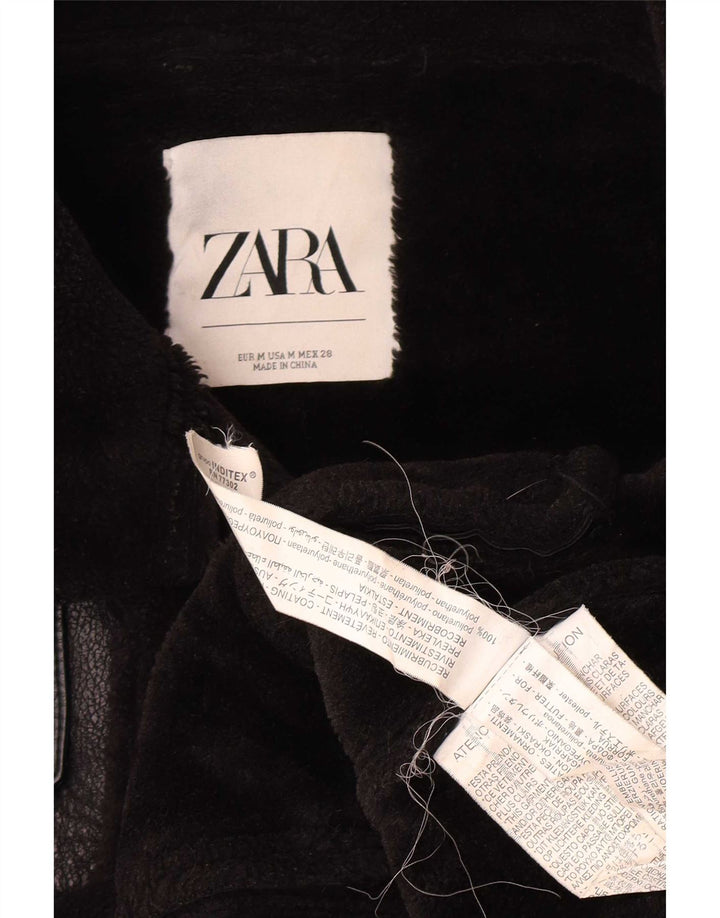 Zara Sherpa-jakke i imiteret læder til kvinder UK 14 Medium Sort polyurethan