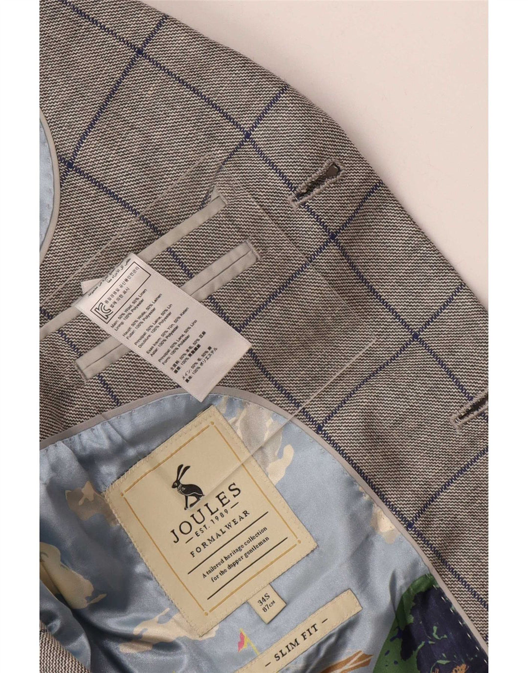 Joules Herre 2-knaps Slim Fit Blazer Jacket UK 34 XS Grå ternet uld