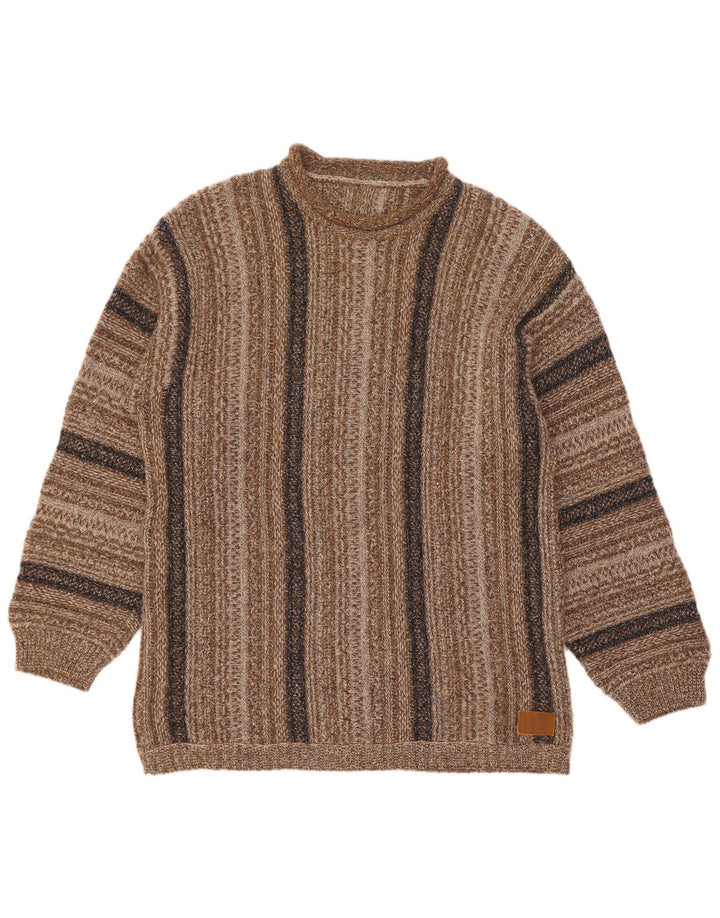 Enrico Coveri Herre sweater med rund hals, medium brun stribet uld
