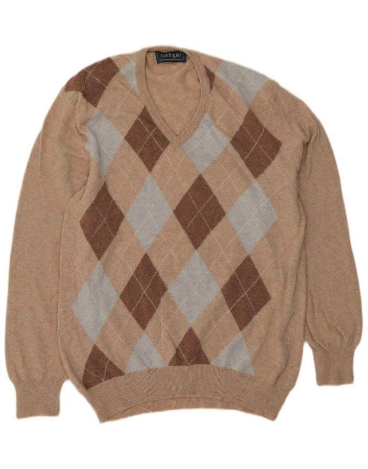 Valdoglio Herre V-hals sweater XL Beige Argyle/Diamond Wool