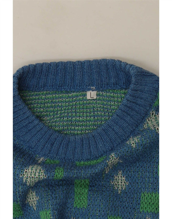 Vintage herre rund hals sweater stor blå geometrisk