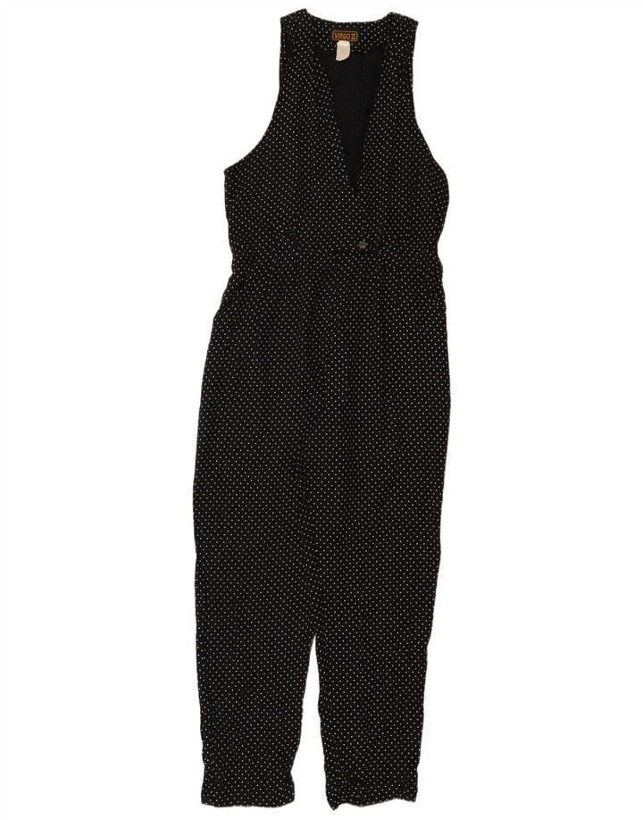 Vintage dame ærmeløs jumpsuit UK 12 Medium Black Polka Dot Acetate