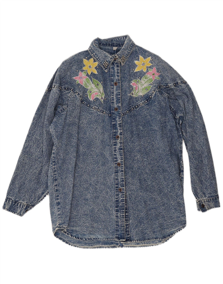 VINTAGE grafisk denimskjorte til kvinder UK 18 XL Blue Floral