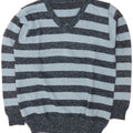 VINTAGE Mens V-Neck Jumper Sweater Large Blue Striped Vintage Vintage and Second-Hand Vintage from Messina Hembry 