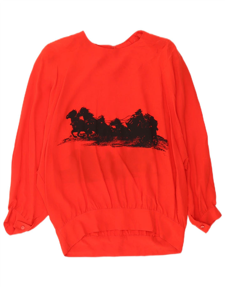 Vintage Dame Grafisk Langærmet Bluse Top UK 14 Large Red
