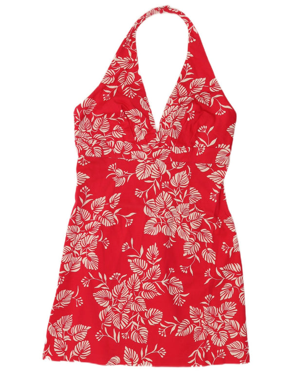 WAREHOUSE Dame Halter Dress UK 16 Large Red Floral Bomuld