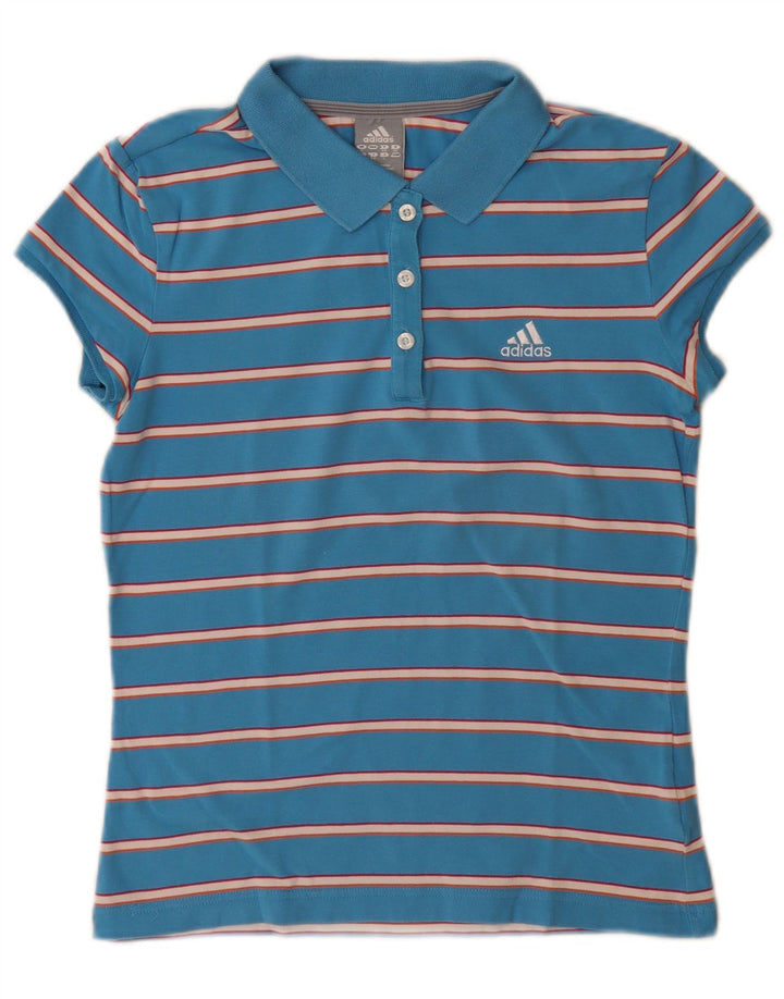 Adidas Dame Polo Shirt UK 12 Mellem blå stribet bomuld