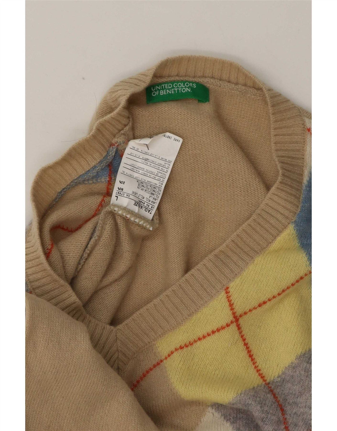 Benetton Herre V-hals sweater Stor Beige Argyle/Diamond Wool