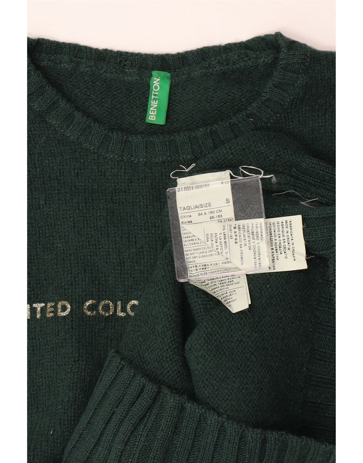 Benetton Womens Crop Graphic Crew Neck Jumper Sweater UK 10 Small Green