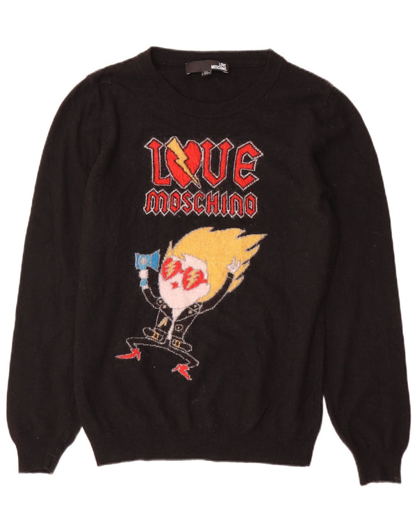 Moschino Womens Graphic Boat Neck Jumper Sweater UK 12 Medium  Black
