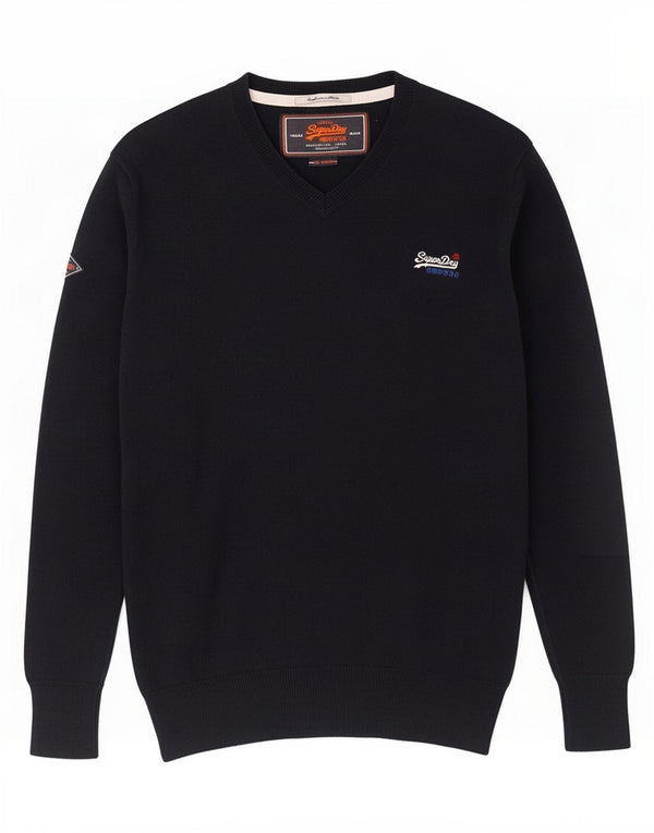 Superdry Mens V-Neck Jumper Sweater Medium Navy Blue Cotton