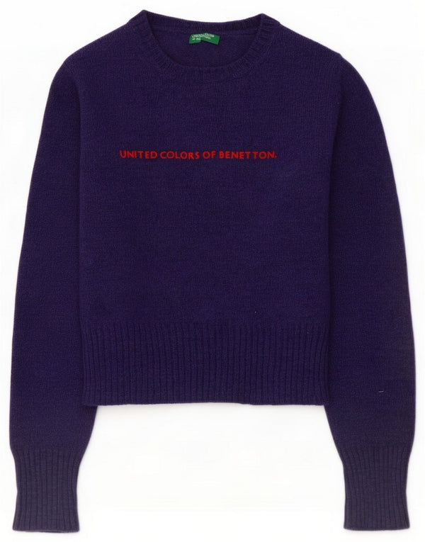 Benetton Womens Crop Graphic Boat Neck Jumper Sweater UK 10 Small Purple