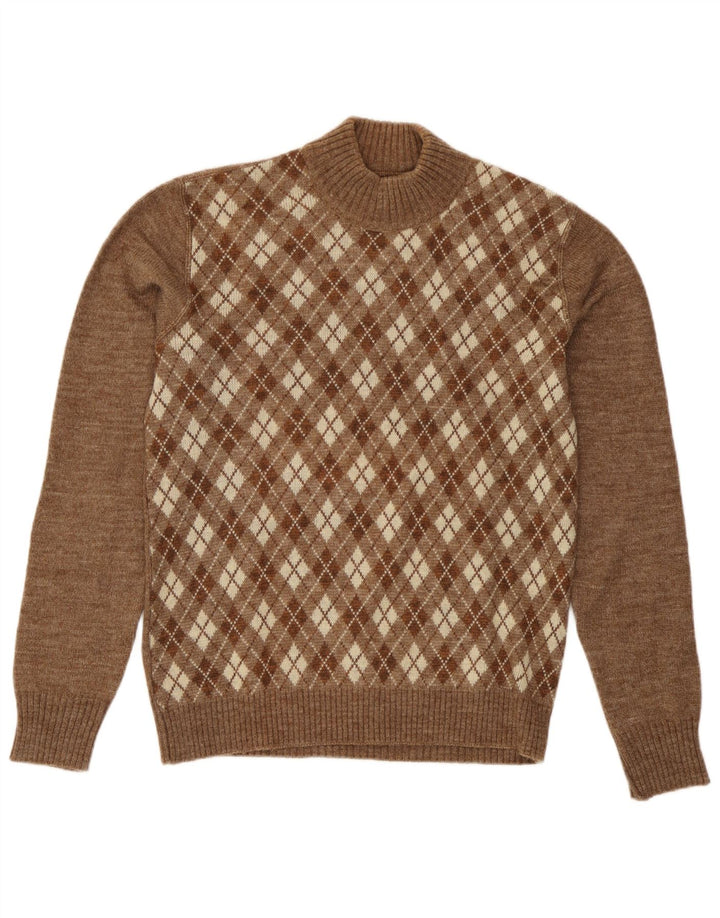 Vintage Dame Turtle Neck Jumper Sweater UK 16 Large Brown Argyle/Diamond