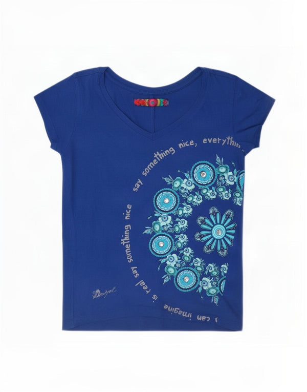Desigual Dame Grafisk T-Shirt Top UK 14 Medium Blue Floral Bomuld