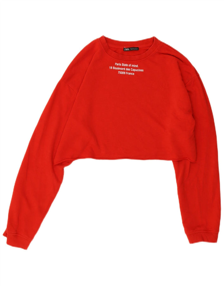 Zara Womens Graphic Crop Sweatshirt Jumper UK 14 Medium Red Bomuld