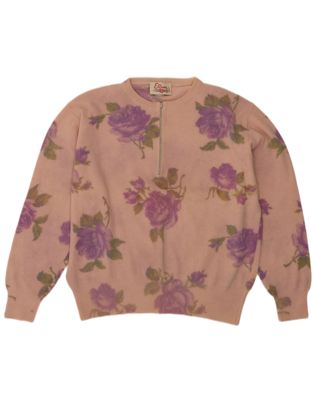 Etam Womens Zip Neck Jumper Sweater UK 14 Medium Pink Floral Wool