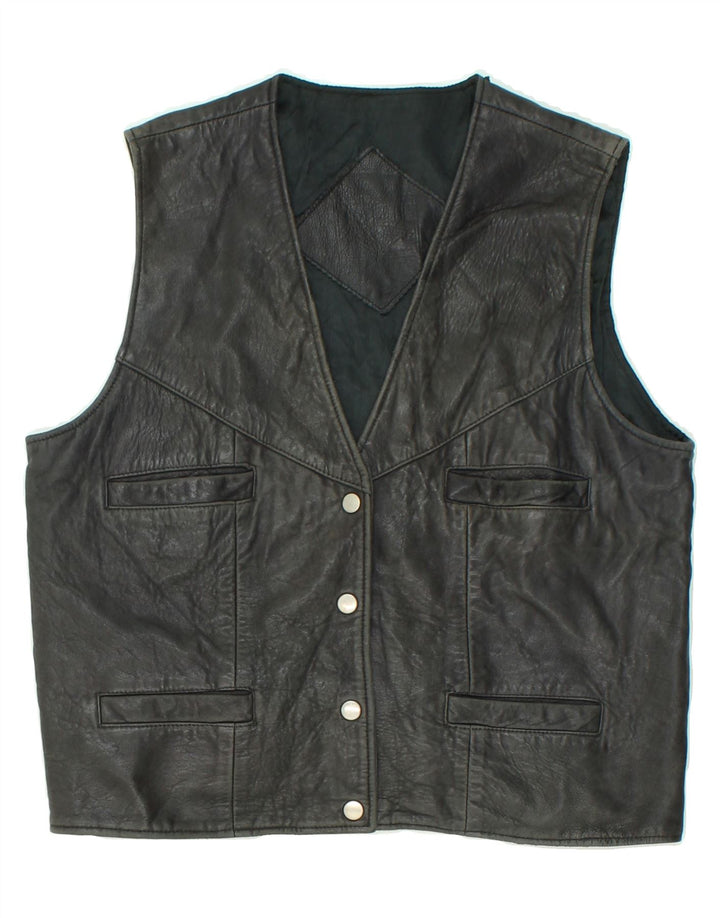 VINTAGE Dame Læder Gilet UK 14 Large Sort