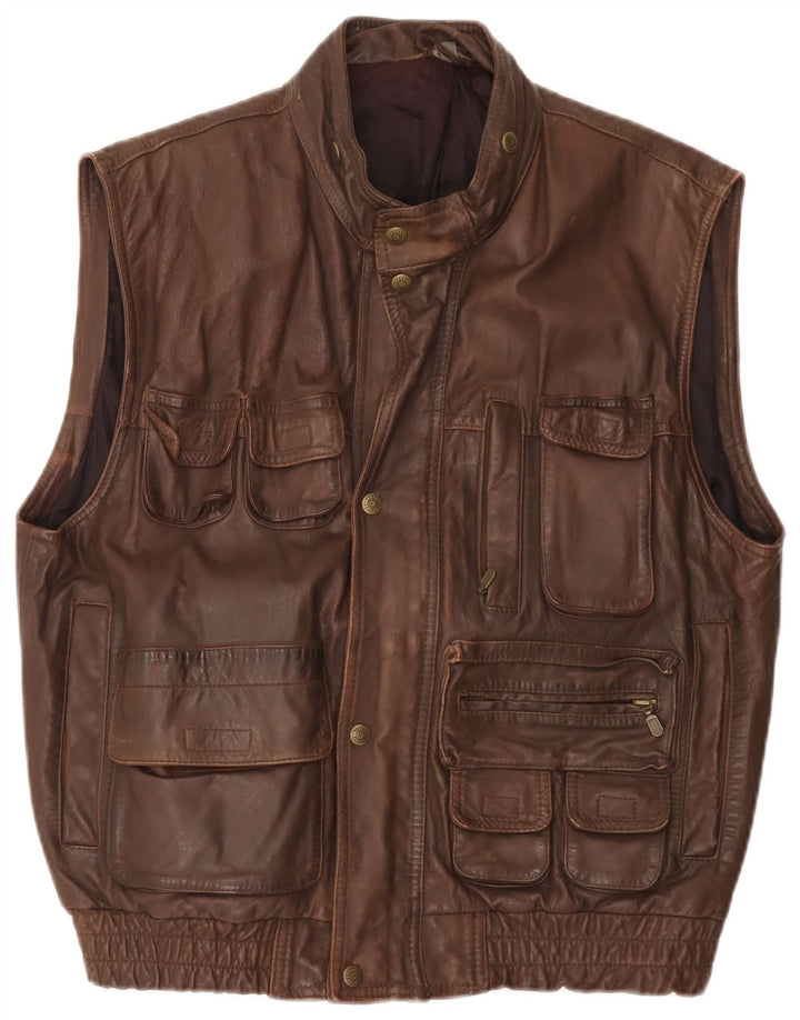 Vintage Herre Læder Utility Gilet UK 40 Large Brown