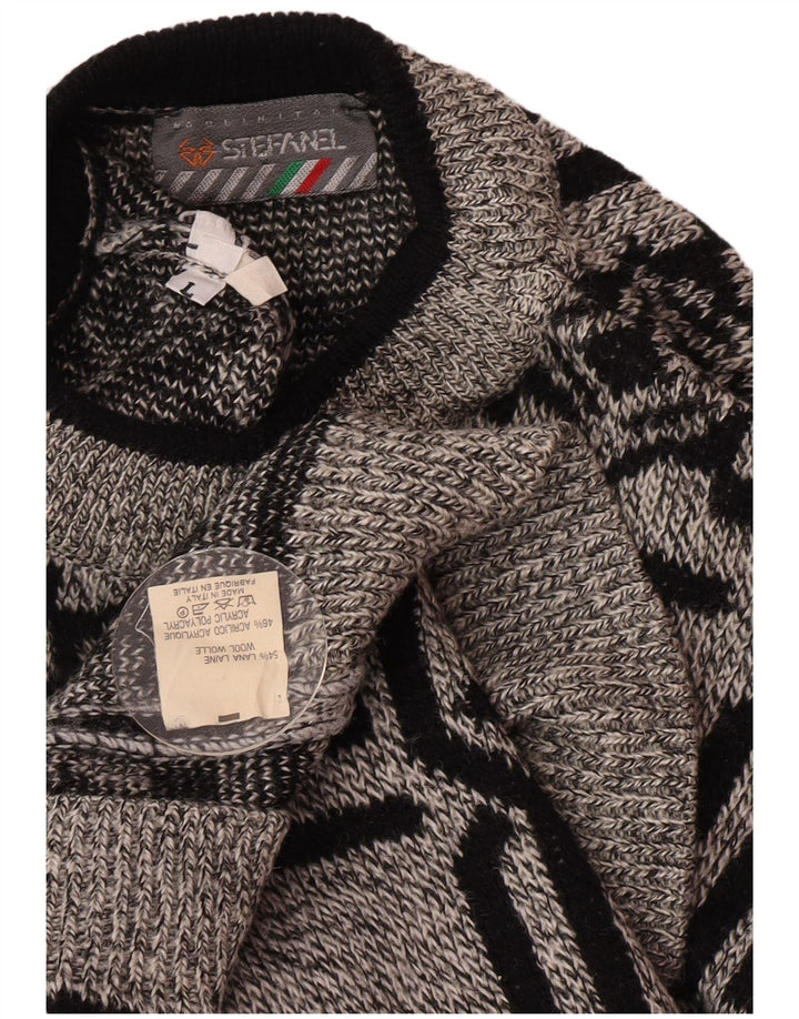 Stefanel Herre rund hals sweater stor grå geometrisk uld
